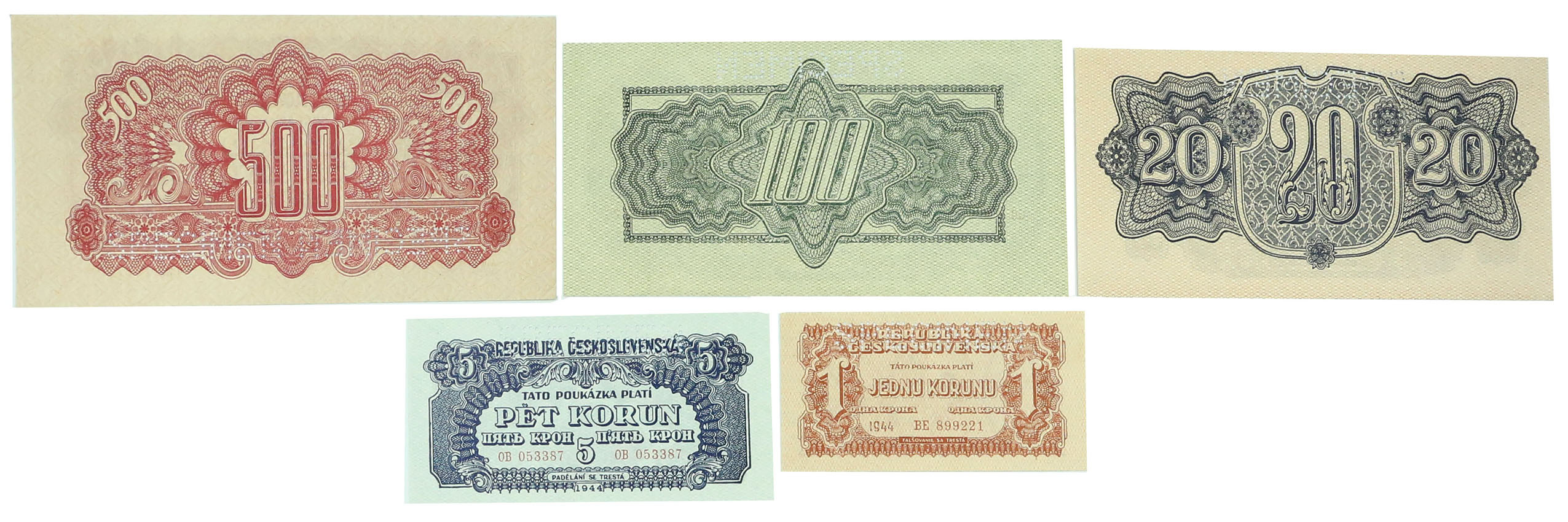Czechosłowacja. WZÓR SPECIMEN 1-500 koron, zestaw 5 banknotów